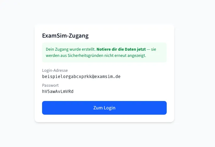 Zugangsdaten nach dem Bestätigen