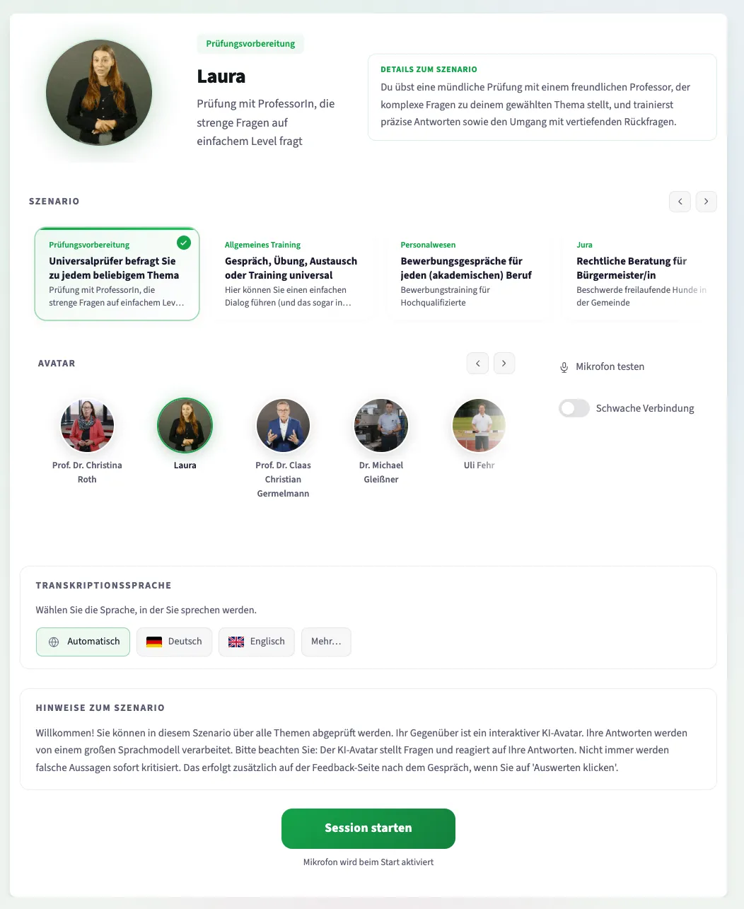 Bestätigte Auswahl mit Details, aktivierten Funktionen und Sprachwahl vor dem Start