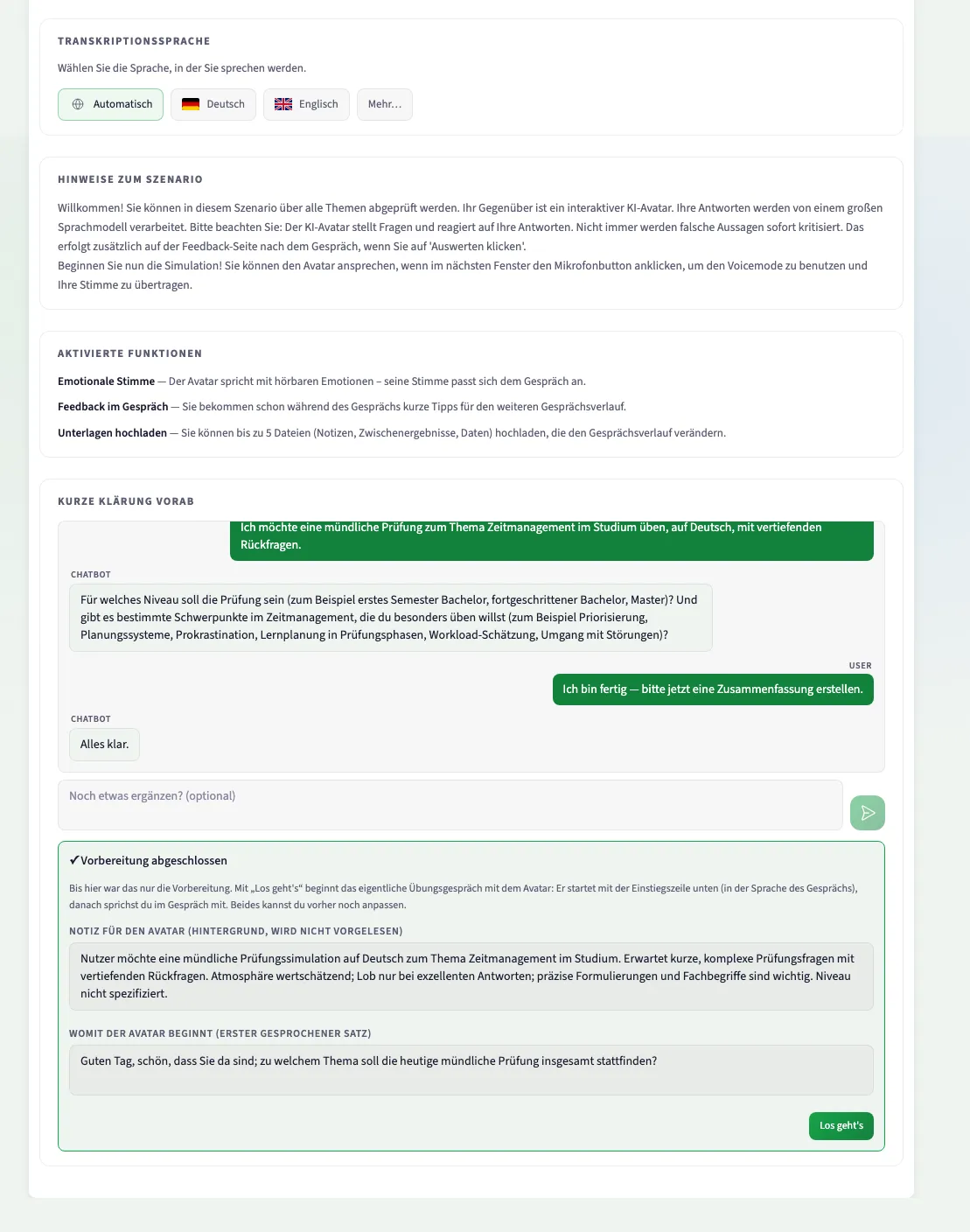Klärungschat mit Zusammenfassung und vorgeschlagenem Gesprächseinstieg vor dem Start