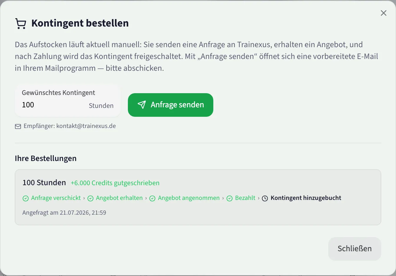 Kontingent bestellen mit Bestellstatus