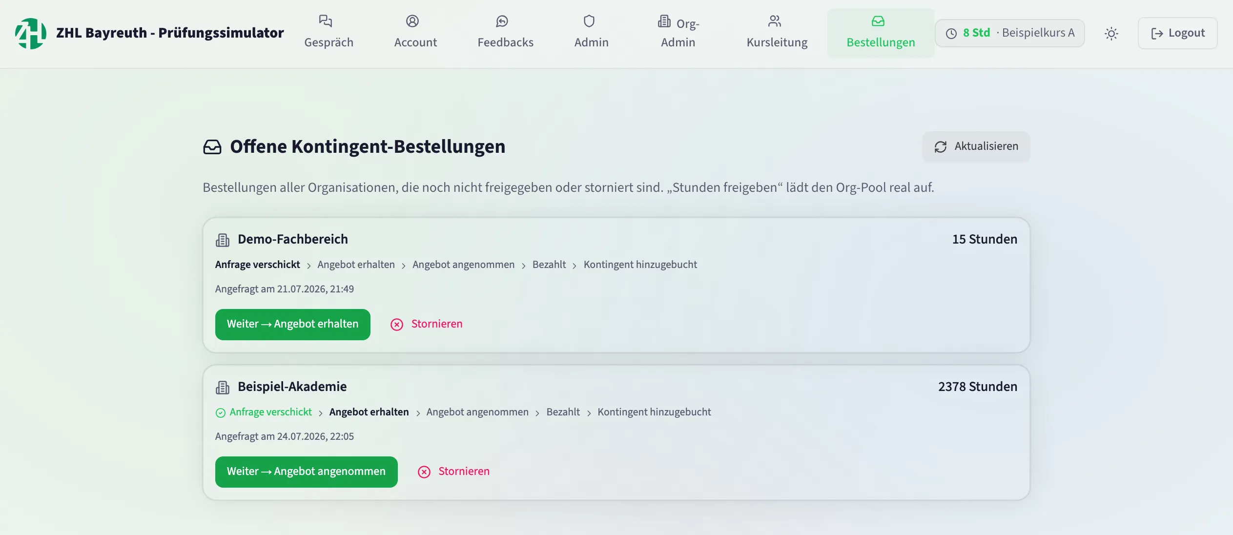 Bestellstatus in der Freigabe