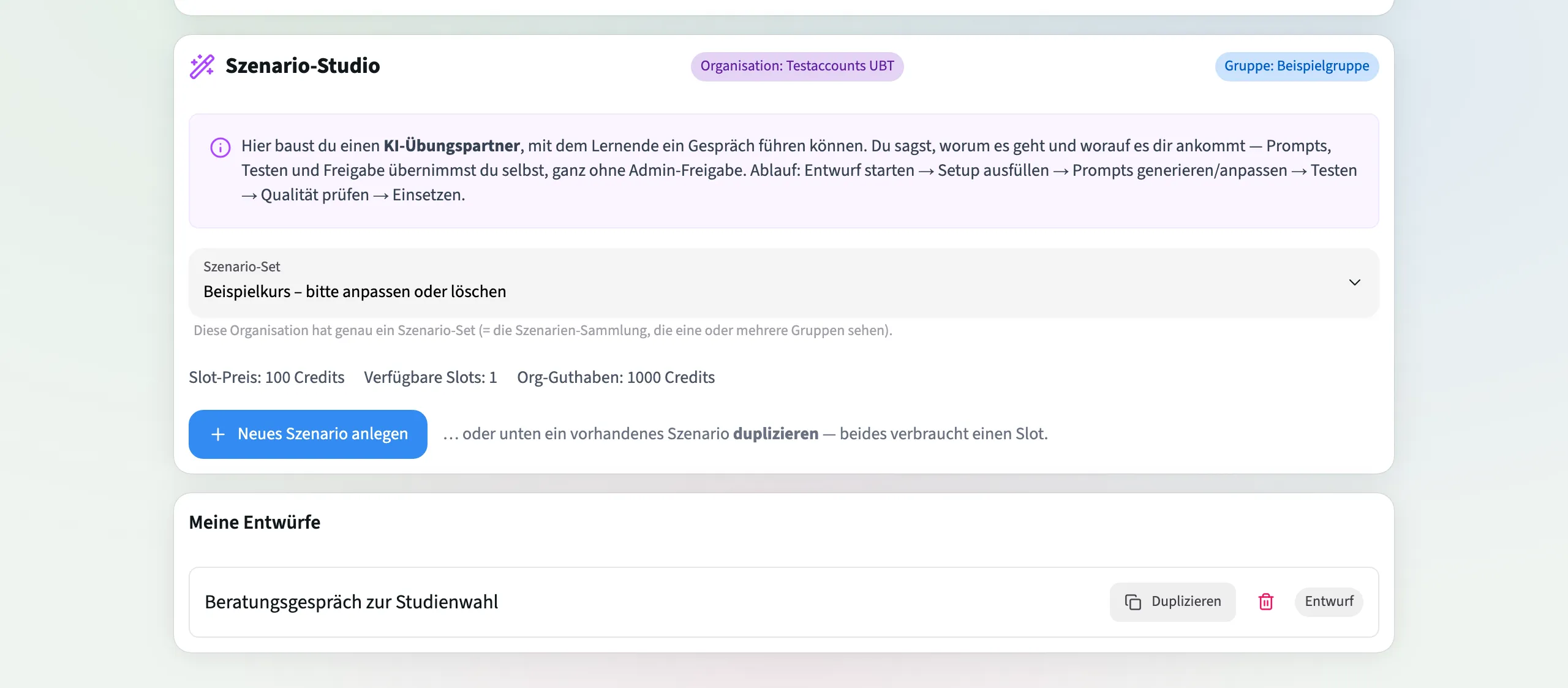 Startseite des Studios mit Slot-Preis, freien Slots und Entwurfsliste