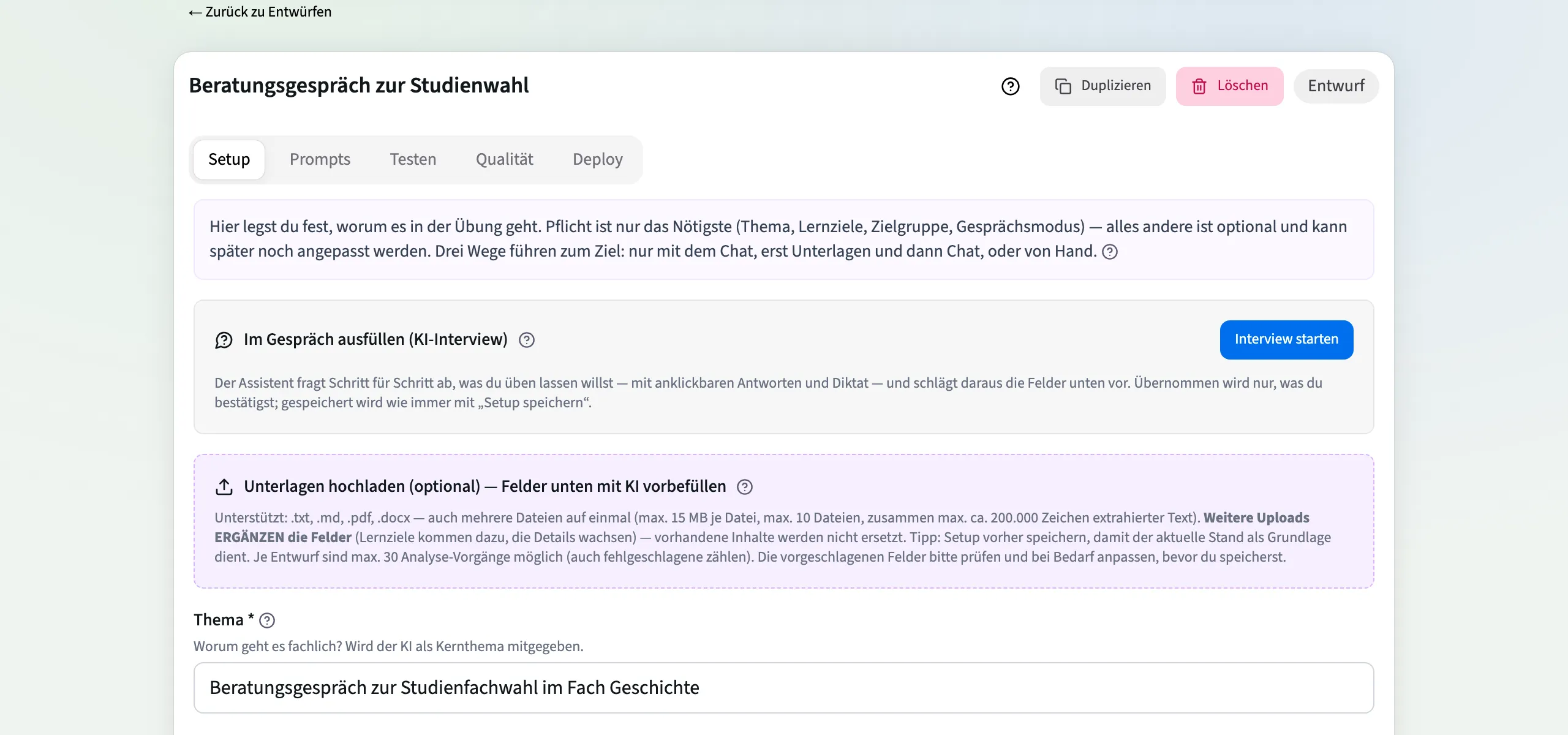 Setup-Schritt mit KI-Interview und Dokument-Upload