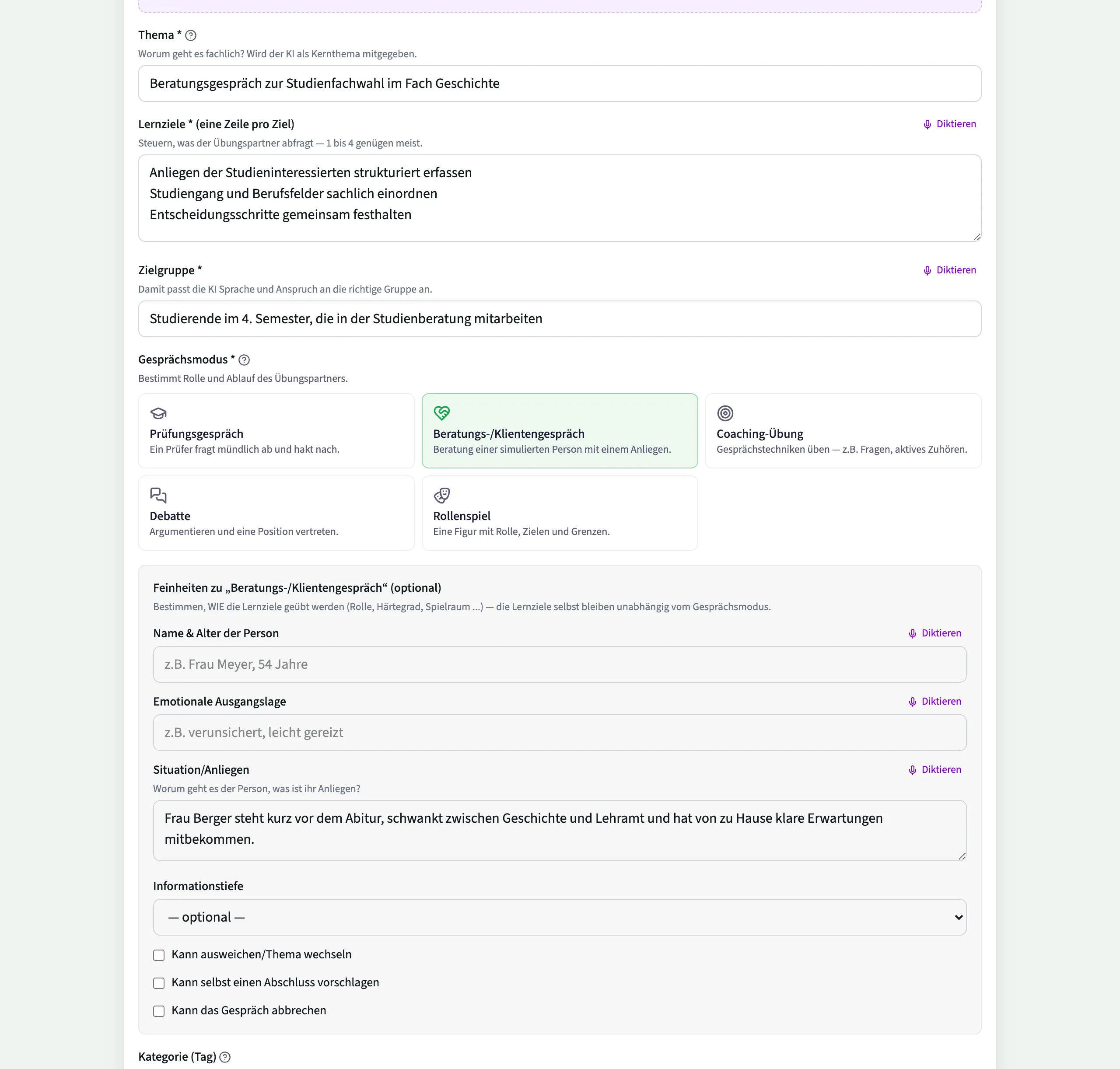 Pflichtangaben und Gesprächsmodus im Setup