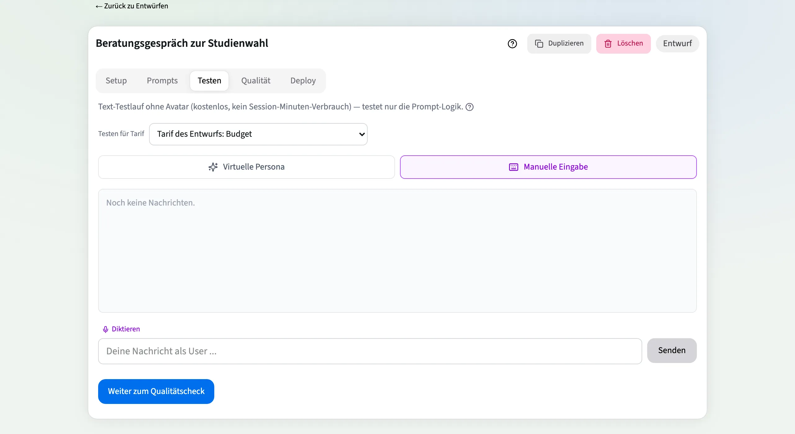 Testen-Schritt mit Textlauf ohne Avatar