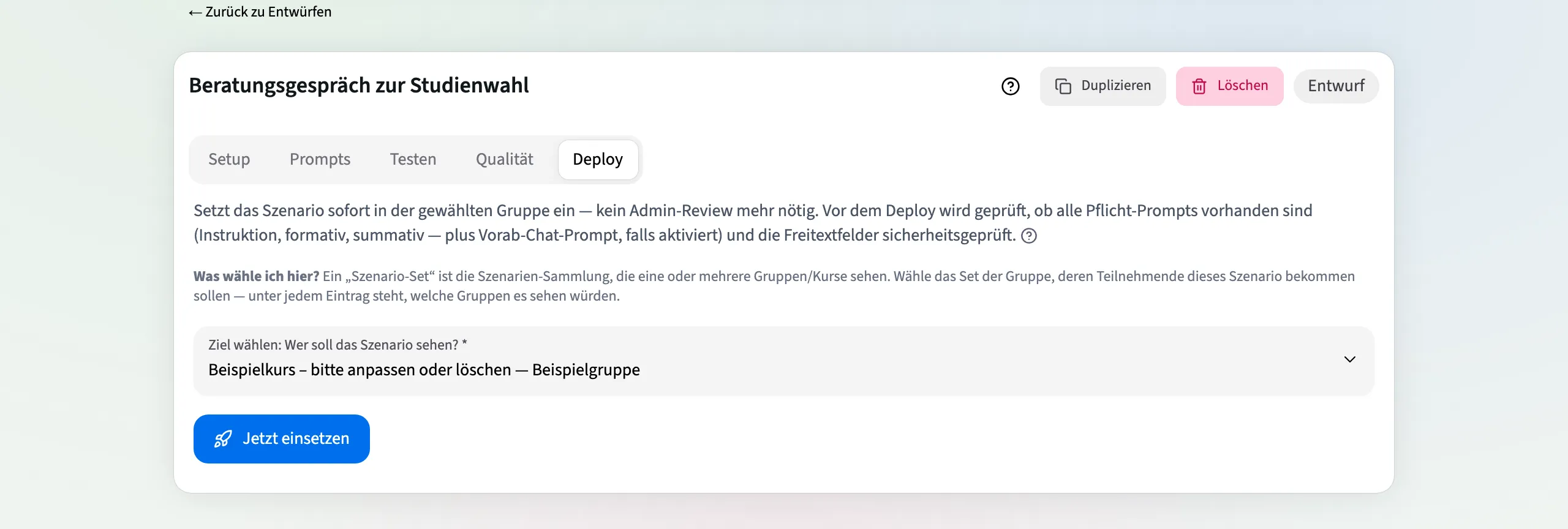 Deploy-Schritt mit Auswahl des Ziel-Sets