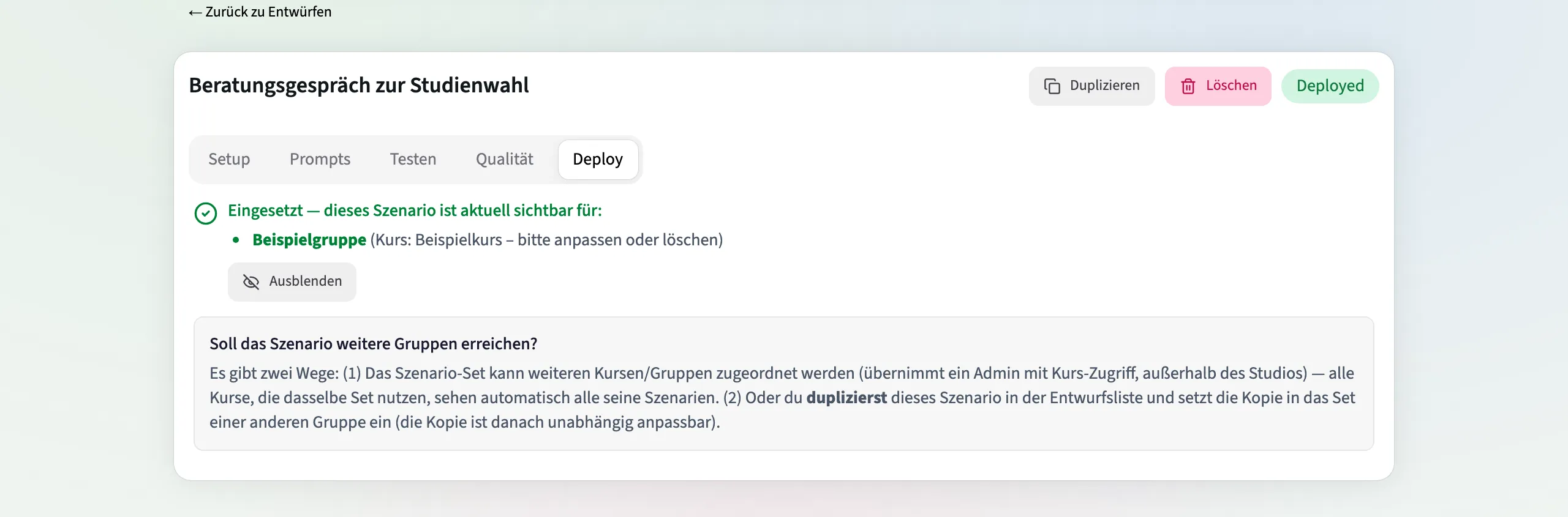 Bestätigung nach dem Einsetzen mit der sehenden Gruppe