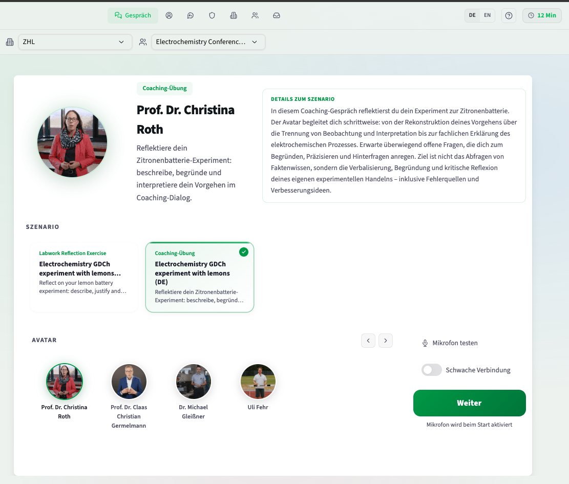 Auswahl vor dem Gespräch: Szenario und Avatar, hier mit Prof. Dr. Christina Roth, Prof. Dr. Claas Christian Germelmann, Dr. Michael Gleißner und Uli Fehr