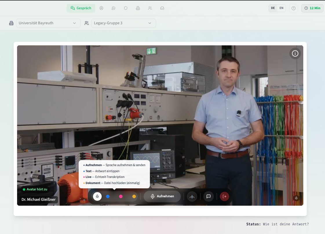 Die Anwendung im Browser: Dr. Michael Gleißner als Avatar in einem Labor, darunter die Bedienleiste für Aufnehmen, Tippen und Live-Transkription